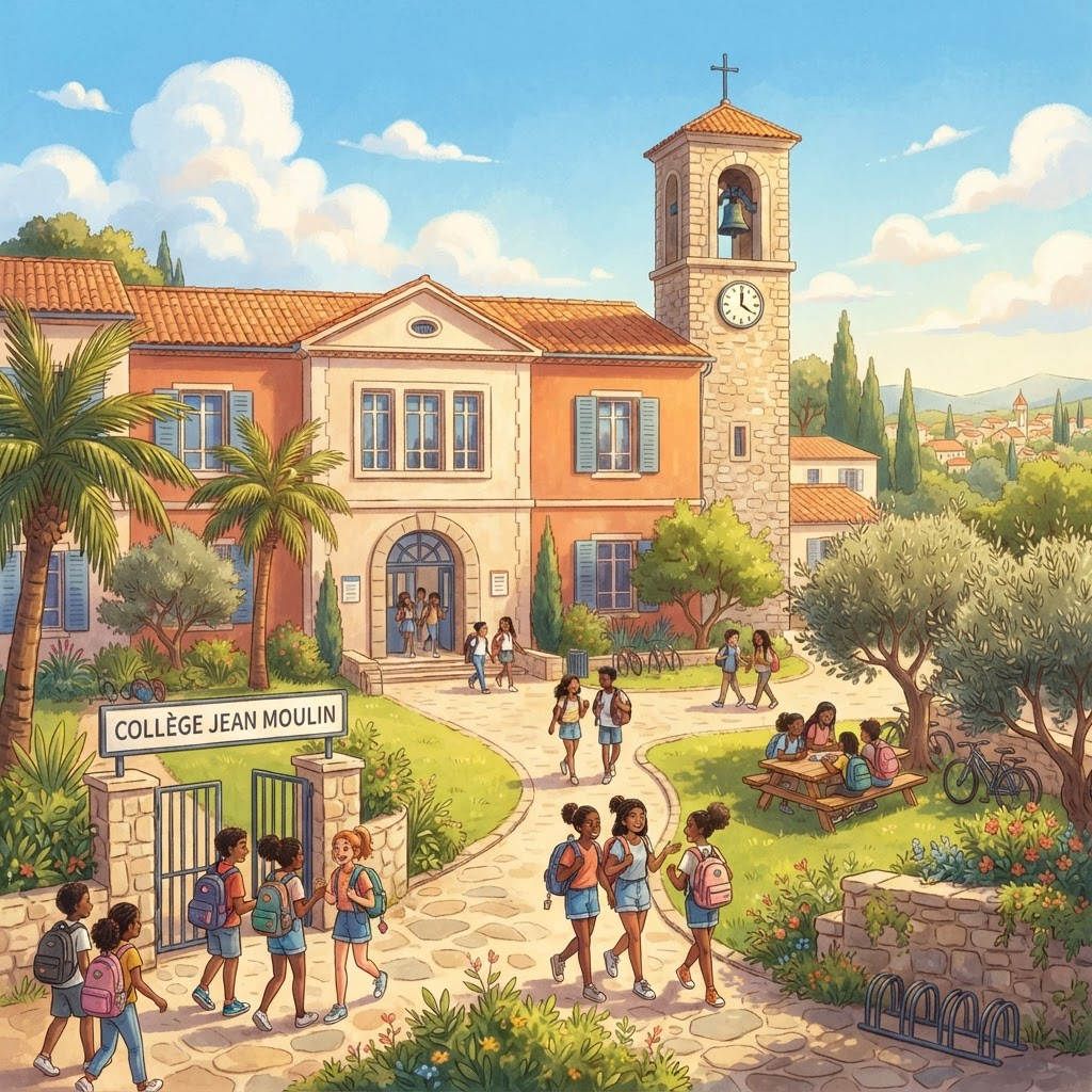 Le Collège Jean Perrin illustré sous un grand soleil d'été, avec sa cour verdoyante